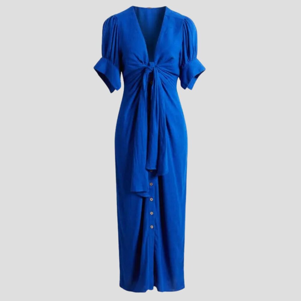 Free People Tie Front Maxi Shirt Dress, Color: Blue Mazarine, Size L / Large